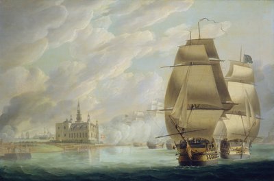 海峡を通過させるネルソン（1801年3月30日、コペンハーゲン海戦前 作： Robert Dodd