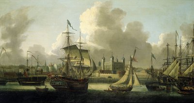 ロンドン（イギリス）でのセーリング、左手にロンドン塔の描写、大小さまざまなボートがテムズ川での大河の賑わいを物語っている。 作： Robert Dodd