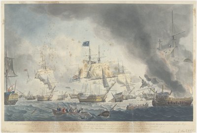 カンパードゥインの戦い (1797): バタビア艦隊の敗北 オランダ艦隊は 1797 年 10 月 11 日の午後に敗北し、デ ウィンター提督の旗艦がマストを外された (...) (オブジェクトのタイトル) 作： Robert Dodd