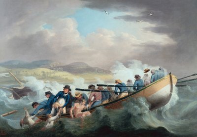 H.M.S.JUNOの乗組員に救助されるワイト島沖の難破船の生存者たち。 作： Robert Dodd