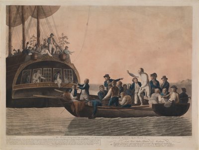 1789年4月29日、ブリーと乗組員を「バウンティ号」から追い出す反乱軍 作： Robert Dodd