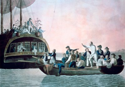 リウトブライを回す反逆者たち...そして陛下から漂流した乗組員たちは1790年に賞金を出荷します 作： Robert Dodd