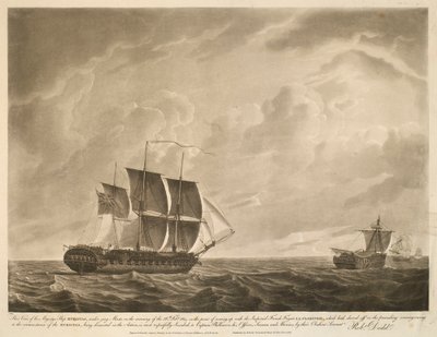 この眺めは、1814年2月26日の朝、前日の夕方に離岸したフランス帝国フリゲート艦ラ・クロランデに接近しようとしていた、水軍マスト下の陛下の船ユーロタスのものである。 作： ロバート・ドッド