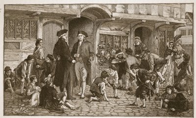 サンデースクールの起源：1780年、グロスターのヘアレーン、「イギリスの教会：人々の歴史」からのイラスト。HDMSpence-Jonesによるパブ。 1910年頃（セピア写真） 作： Robert Dowling