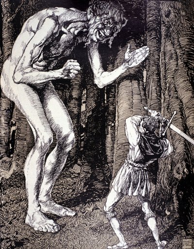 騎士と巨人。ロバート・エンゲルス（1856 - 1936）によるイラスト。ドイツの版画。(デュッセルドルフ) 作： Robert Engels