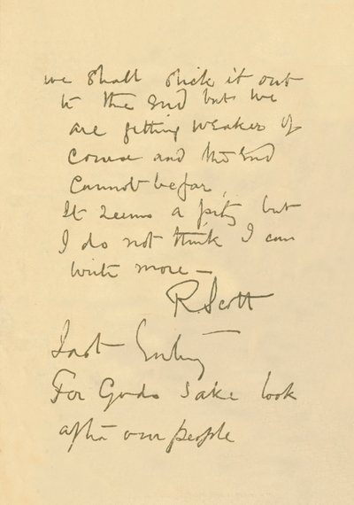 1912年3月29日、1913年、一般へのメッセージのファクシミリ 作： Robert Falcon Scott