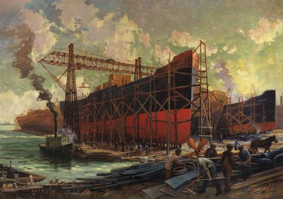 1918年、トロントのアッシュブリッジスベイでの造船 作： Robert Ford Gagen