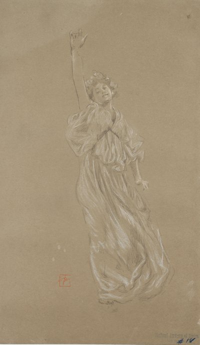 Moods to Music壁画のための立っているドレープの女性像の研究（紙に黒と白のチョーク） 作： Robert Frederick Blum