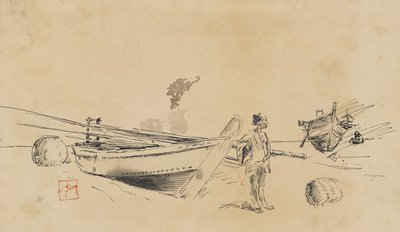 岸に日本の2つの漁船、1867-1903 作： Robert Frederick Blum