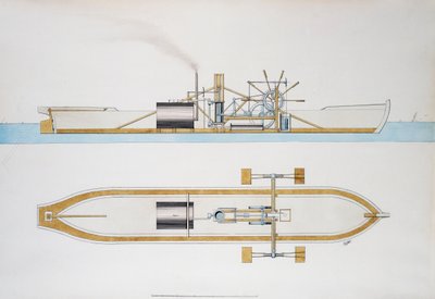 ロバート・フルトンが設計した蒸気船、水彩画、アメリカ 作： Robert Fulton