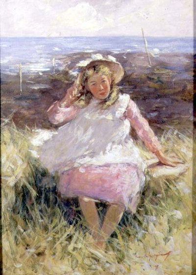 白いボンネットの少女」（紙にガッシュ） 作： Robert Gemmell Hutchison
