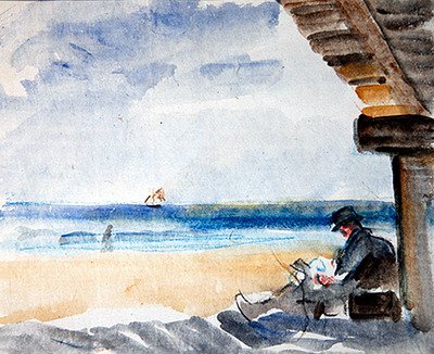 海辺での読書（水彩・木炭・紙 作： Robert Graham Dryden Alexander