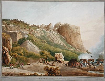 1791年12月の攻撃を示すセワンドロオグの北側の眺め。J.W.エディが彫刻と彩色を施した「Twelve Views of Mysore, the Country of Tipoo Sultan」（1804年発行）の挿絵（彩色アクアチント）。 作： Robert H. (after) Colebrooke