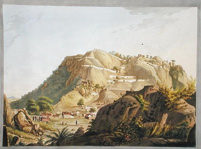 ウートラ・ドゥルグムの南西の景色（J.W.Edyが彫刻・彩色した「Twelve Views of Mysore, the Country of Tippoo Sultan」からの挿絵、1804年発行（カラー・アクアチント）。 作： Robert H. (after) Colebrooke
