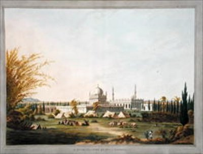 1804年に出版されたJ.W.Edyが彩色・彫刻した「Twelve Views of Mysore, country of Tippoo Sultan」からの挿絵「LaulbaugのHyder Ali KhanのMausoleum」（カラーアクアチント） 作： Robert H. (after) Colebrooke