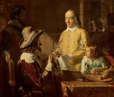 ウィリアムハーヴェイ（1578〜1657年）は、血液の循環に関する彼の理論をチャールズ1世に示しました。1848年 作： Robert Hannah