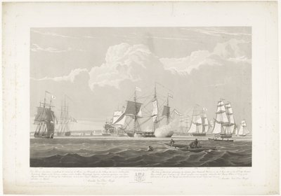 1833年、ポーツマス港から出港した12隻のオランダ商船（プレート3） この 3 枚のプレートのセットは、1833 年 6 月 2 日にポーツマス港から出港する 12 隻の Nederlandsche Koopvaardy 船の通商禁止を描いています。 作： Robert Havell (II)