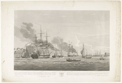 1833年、ポーツマス港からの12隻のオランダ商船の出発（プレート2） この 3 枚のプレートのセットは、1833 年 6 月 2 日にポーツマス港から出港する 12 隻の Nederlandsche Koopvaardy 船の通商禁止を描いています。 作： Robert Havell (II)