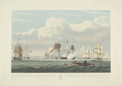 1833年、ポーツマス港から出港した12隻のオランダ商船（プレート3） この 3 枚のプレートのセットは、1833 年 6 月 2 日にポーツマス港から出港する 12 隻の Nederlandsche Koopvaardy 船の通商禁止を描いています。 作： Robert Havell (II)