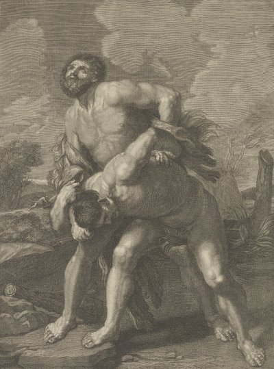 ライオンの皮をまとい、アケロースと戦うヘラクレス、背景の風景、..., ca. 1713-72。 作： Robert Hecquet