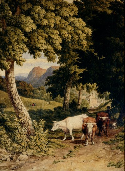 牛と群れのいる風景、1810年（織り紙にトイレ） 作： Robert Hills