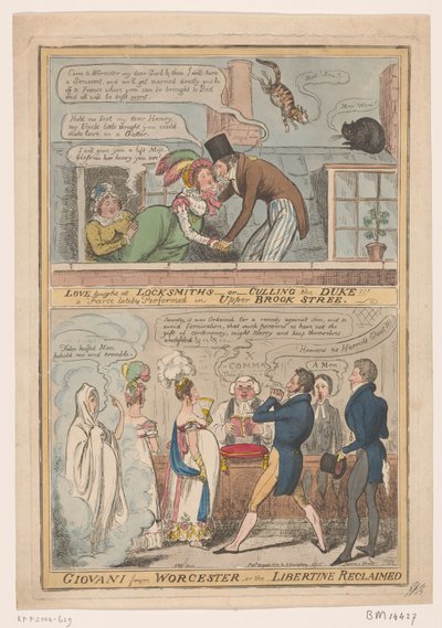 Het huwelijk van de markies van Worcester en Anne Francis Culling Smith のスポットプリント、1822 年 愛は錠前屋を笑う - または - 公爵を淘汰する!!! 最近アッパー ブルック ストリートで上演された茶番劇 / ウースターのジョバニ - または - 解放された放蕩 (タイトル 作： Robert Isaac Cruikshank