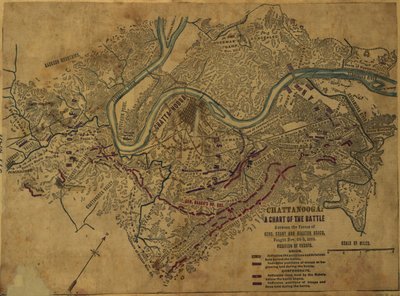チャタヌーガ グラント将軍とブラクストン・ブラッグ将軍の戦いの図。1863年11月24日から5日にかけて行われた、グラントとブラクストン・ブラッグ両軍の戦いのチャート。LOC gvhs01.vhs00275 作： ロバートノックススネーデン