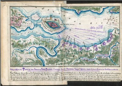 フォート・プラスキ包囲の公式プランのコピー。コックスパー島。ジョージア州サバンナ 1862年4月 - ギルモア将軍とハンター将軍率いる北軍によって。LOC gvhs01.vhs00084 作： ロバートノックススネーデン