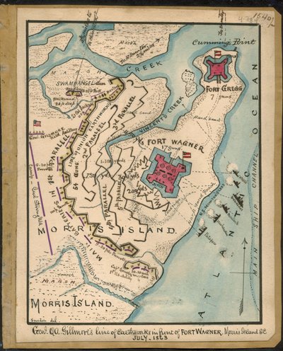 ワグナー砦前のギルモア将軍の土塁ライン（1863年7月、S.C.モリス島） LOC gvhs01.vhs00152 作： ロバートノックススネーデン