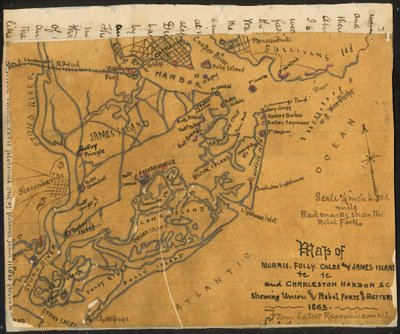 モリス島、フォリー島、コールズ島、ジェームズ島など、およびチャールストン港の地図。LOC gvhs01.vhs00184 作： ロバートノックススネーデン