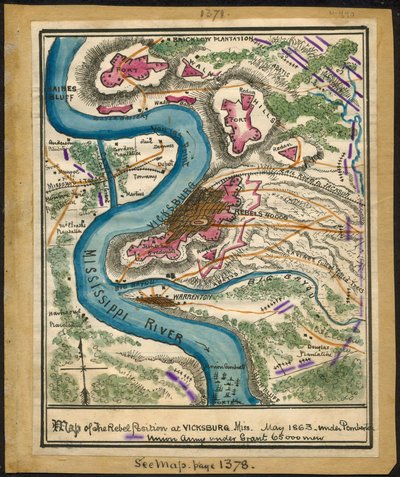 1863年5月、ミズーリ州ヴィックスバーグにおける反乱軍陣地の地図。LOC gvhs01.vhs00140 作： ロバートノックススネーデン