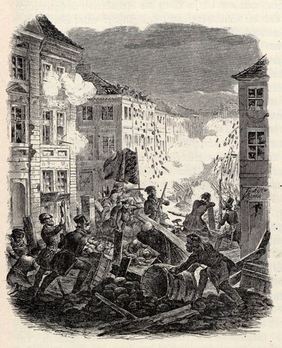 1848 年 3 月 18 日から 19 日の夜、ベルリンのケルン市庁舎でのバリケード戦。 作： Robert Kretschmer