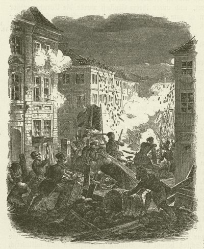 1848年3月18〜19日の夜にベルリンのケルン市庁舎の外のバリケードで戦う 作： Robert Kretschmer