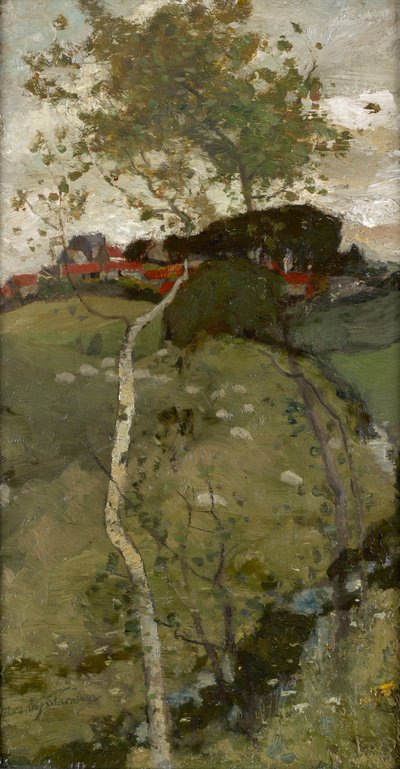 Village on a Hill - The Silver Birch (óleo a bordo) 作： Robert Macaulay Stevenson