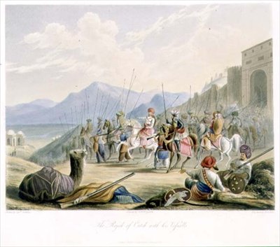 カッチのラジャ、デサル2世（1819～60年）とその家臣たち（「インドの風景、衣装、建築」第1巻より）、R.G.リーヴ（1811～37年）の彫刻とJ.B.ホガースの彩色、アッカーマン社刊。 作： Robert Melville (after) Grindlay