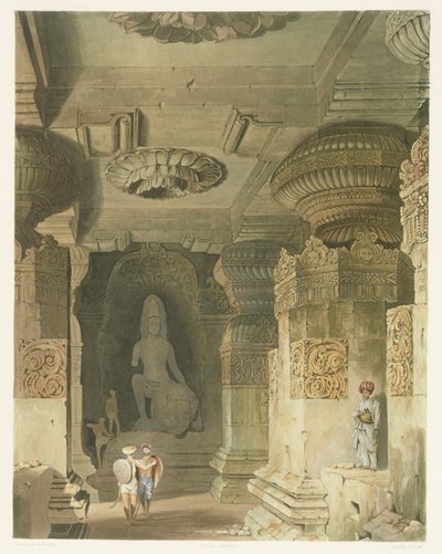 インドの風景、衣装、建築の第2巻から、エローラにあるインドラサブバの洞窟寺院の内部。デイビッドロバーツ（1796-1864）によって描かれ、トーマスカーナン（fl.1821-50）によってエッチングされ、彫刻されています。 作： Robert Melville Grindlay