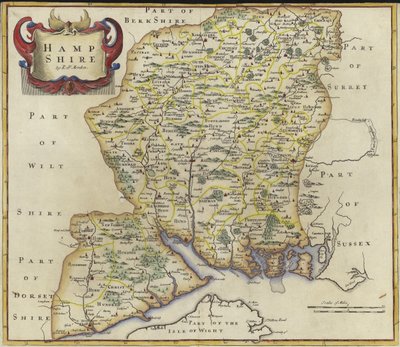 ハンプシャーの地図（カラー彫刻） 作： Robert Morden