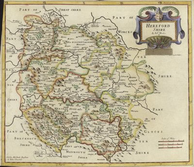 ヘルフォードシャーの地図（カラー彫刻） 作： Robert Morden