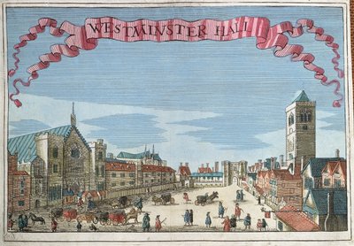 ウェストミンスターホール、「ロンドンの街とその周辺の注目すべき場所の展望の書」、1700年頃 作： Robert Morden
