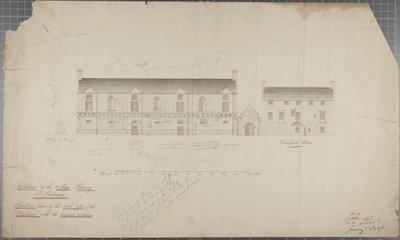1827年の大学図書館の建築図（紙に鉛筆とトイレ） 作： Robert Payton Reid