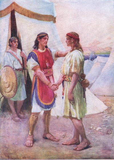 ダビデとヨナタン（1950年頃、トーマス・ネルソン社発行の「The Bible Picture Book」より）（リトグラフ版 作： Robert Payton Reid