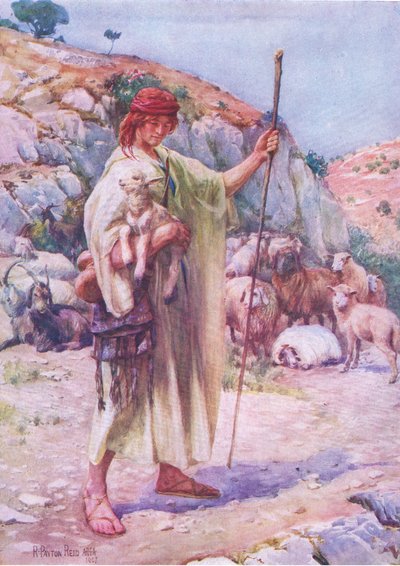 羊飼いのダビデ（1950年頃、トーマス・ネルソン発行のThe Bible Picture Bookより）（リトグラフ版 作： Robert Payton Reid