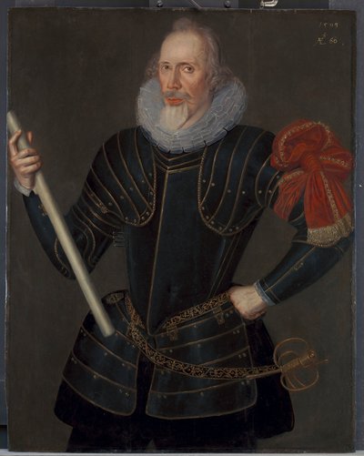 男の肖像、おそらくトーマス・ハワード、第 3 子爵ビンドン (ca. 1539–1611) 作： Robert Peake the elder