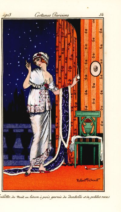 水玉模様のリネンにレースとバラをあしらったイブニングガウンを着た女性。Toilette de nuit en linon a pois garnie de dentelle et de petites roses.トマソ・アントンジーニの『日誌』に掲載されたロベール・ピケノの挿絵に基づく、手彩色のポショワール（ステンシル）エッチング。 作： Robert Pichenot