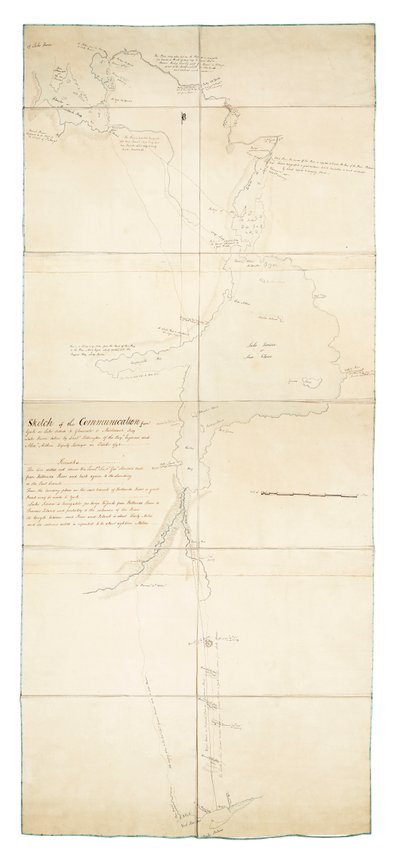 1793年10月、ロイ・エンジニアーズのT・ピルキントン中尉とアレックス・R・エイトケン副調査官によって撮影された、オンタリオ湖ヨークからヒューロン湖グロスター［中略］またはマチダッシュ湾までの通信のスケッチ。 作： Robert Pilkington