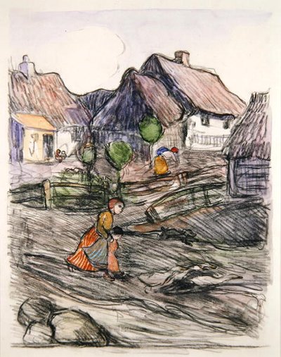 ガチョウの少女、ポーランド（紙にグワッシュと木炭） 作： Robert Polhill Bevan
