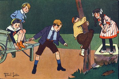 猫の止まり木です。E.ウェーバーの「What are we playing?「ロベール・サレス（1871-1929）の水彩画によるE.ウェーバーの作品。パリ、ガルニエ・フレール社 作： Robert Salles