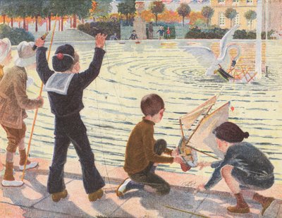 少年のおもちゃのヨットを沈める白鳥（カラーリトグラフ） 作： Robert Salles
