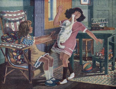 アネットの小さな猫：友達と遊んでいる少女の顔を白い猫が引っ掻く。ロベール・サレス（1871-1929）による「Je sais Lire」のイラスト。 作： Robert Salles