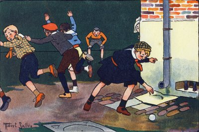 壁に弾を当てる。E.ウェーバーの「What are we playing?「ロベール・サレス（1871-1929）の水彩画によるE.ウェーバーの作品。パリ、ガルニエ・フレール図書館 作： Robert Salles